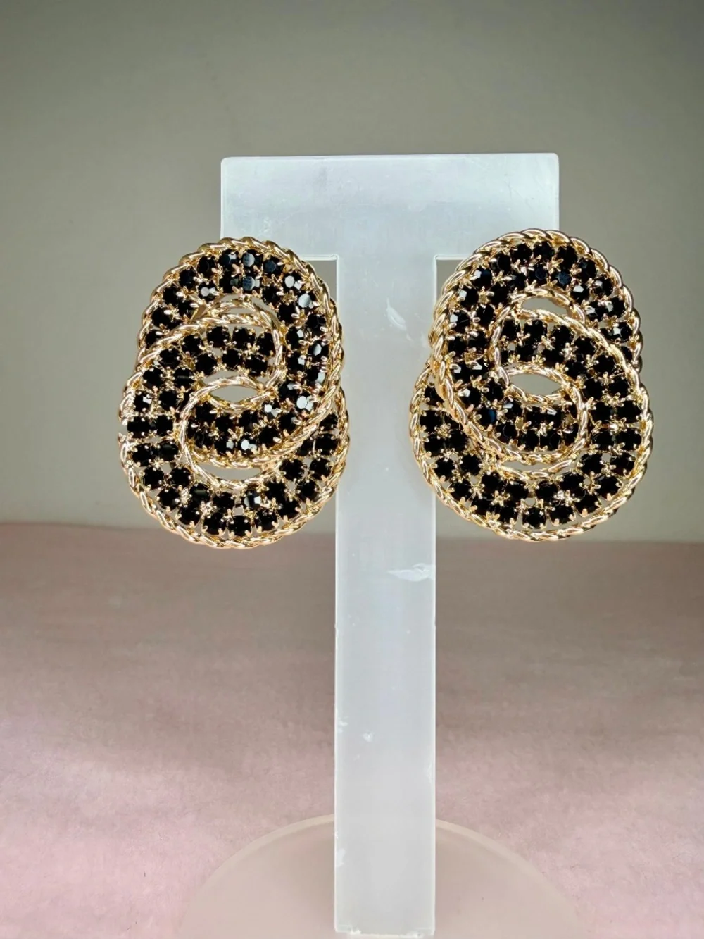 Statement Black Crystal Earrings Gold Tone Oval Stud Chunky Elegant Earrings